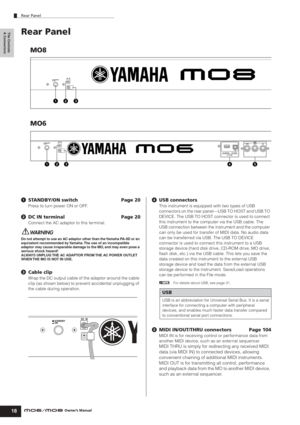 Page 18Rear Panel
18Owner’s Manual
The Controls 
& ConnectorsRear Panel
1STANDBY/ON switch Page 20
Press to turn power ON or OFF.
2DC IN terminal Page 20
Connect the AC adaptor to this terminal.
Do not attempt to use an AC adaptor other than the Yamaha PA-5D or an 
equivalent recommended by Yamaha. The use of an incompatible 
adaptor may cause irreparable damage to the MO, and may even pose a 
serious shock hazard! 
ALWAYS UNPLUG THE AC ADAPTOR FROM THE AC POWER OUTLET 
WHEN THE MO IS NOT IN USE.
3Cable clip...