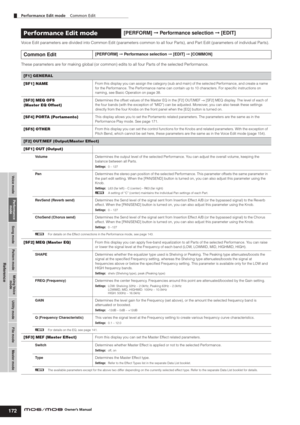 Page 172Voice modePerformance
modeSong mode Utility mode File mode Master modePattern modeMixing Voice
mode
Reference
Performance Edit mode    Common Edit
172Owner’s Manual
Voice Edit parameters are divided into Common Edit (parameters common to all four Parts), and Part Edit (parameters of individual Parts).
These parameters are for making global (or common) edits to all four Parts of the selected Performance.
Performance Edit mode[PERFORM] ➞ Performance selection ➞ [EDIT] 
Common Edit
[PERFORM] ➞ Performance...