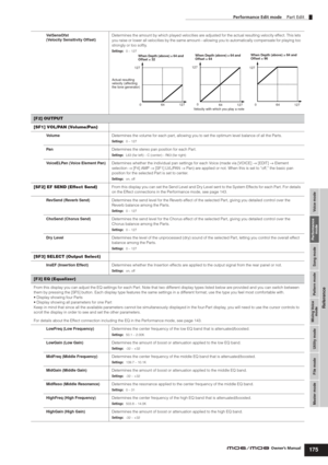 Page 175Voice mode Performance
mode Song mode Utility mode File mode Master modePattern mode Mixing Voice
mode
Reference
Performance Edit mode    Part Edit
175Owner’s Manual VelSensOfst 
(Velocity Sensitivity Offset)Determines the amount by which played velocities are adjusted for the actual resulting velocity effect. This lets 
you raise or lower all velocities by the same amount—allowing you to automatically compensate for playing too 
strongly or too softly.
Settings:0 – 127
[F2] OUTPUT
[SF1] VOL/PAN...