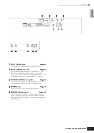 Page 19Rear Panel
19Owner’s Manual
The Controls 
& Connectors
6FOOT SWITCH jack Page 69
For connection of optional FC4 or FC5 Footswitch. 
7FOOT CONTROLLER jack  Page 69
For connection of an optional foot controller (FC7, etc.). 
The FOOT CONTROLLER jack lets you continuously 
control one of various different assignable functions—such 
as volume, tone, pitch, or other aspects of the sound.
8OUTPUT L/MONO and R jacks  Page 20
Line level audio signals are output via these phone jacks. 
For monophonic output, use...