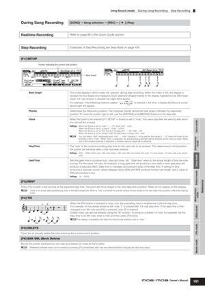 Page 181Voice mode Performance
mode Song mode Utility mode File mode Master modePattern mode Mixing Voice
mode
Reference
Song Record mode    During Song Recording    Step Recording
181Owner’s Manual
During Song Recording[SONG] ➞ Song selection ➞ [REC] ➞ [F] (Play)
Realtime RecordingRefer to page 88 in the Quick Guide section. 
Step RecordingExamples of Step Recording are described on page 193. 
[F1] SETUP
Beat GraphThis is the display in which notes are “placed” during step recording. When the meter is 4/4, the...