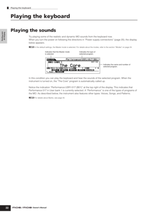 Page 22Setting up 
and Playing
Playing the keyboard
22Owner’s Manual
Playing the keyboard
Playing the sounds
Try playing some of the realistic and dynamic MO sounds from the keyboard now.
When you turn the power on following the directions in “Power supply connections” (page 20), the display 
below appears.
nIn the default settings, the Master mode is selected. For details about the modes, refer to the section “Modes” on page 24. 
In this condition you can play the keyboard and hear the sounds of the selected...