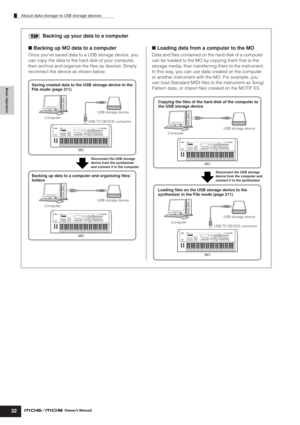 Page 32Basic Operation
About data storage to USB storage devices
32Owner’s Manual
Backing up your data to a computer
■ Backing up MO data to a computer
Once you’ve saved data to a USB storage device, you 
can copy the data to the hard disk of your computer, 
then archive and organize the ﬁles as desired. Simply 
reconnect the device as shown below.
■ Loading data from a computer to the MO
Data and ﬁles contained on the hard disk of a computer 
can be loaded to the MO by copying them ﬁrst to the 
storage media,...