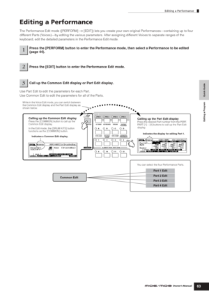 Page 63Quick Guide Editing a Program
Editing a Performance
63Owner’s Manual
Editing a Performance
The Performance Edit mode ([PERFORM] → [EDIT]) lets you create your own original Performances—containing up to four 
different Parts (Voices)—by editing the various parameters. After assigning different Voices to separate ranges of the 
keyboard, edit the detailed parameters in the Performance Edit mode.
Use Part Edit to edit the parameters for each Part.
Use Common Edit to edit the parameters for all of the...