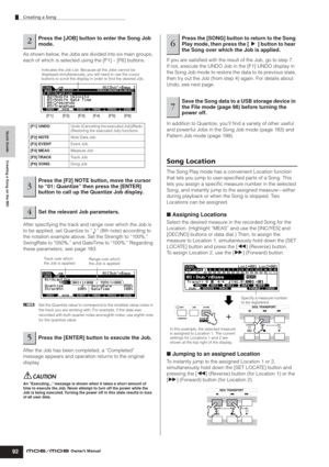 Page 92Quick Guide Creating a Song on the MO
Creating a Song
92Owner’s Manual
As shown below, the Jobs are divided into six main groups, 
each of which is selected using the [F1] – [F6] buttons.
After specifying the track and range over which the Job is 
to be applied, set Quantize to “ ” (8th note) according to 
the notation example above. Set the Strength to “100%,” 
SwingRate to “050%,” and GateTime to “100%.” Regarding 
these parameters, see page 183. 
nSet the Quantize value to correspond to the smallest...