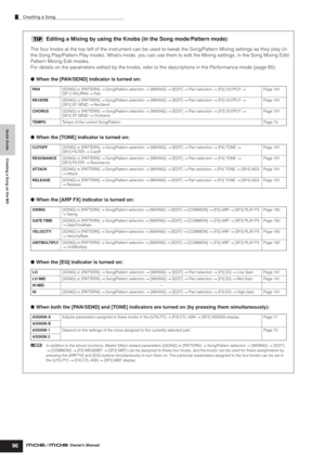 Page 96Quick Guide Creating a Song on the MO
Creating a Song
96Owner’s Manual
Editing a Mixing by using the Knobs (in the Song mode/Pattern mode)
The four knobs at the top left of the instrument can be used to tweak the Song/Pattern Mixing settings as they play (in 
the Song Play/Pattern Play mode). What’s mode, you can use them to edit the Mixing settings, in the Song Mixing Edit/
Pattern Mixing Edit modes.
For details on the parameters edited by the knobs, refer to the descriptions in the Performance mode...