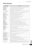 Page 221Appendix
221Owner’s Manual
Display Messages
Display Messages
LCD IndicationExplanation
Are you sure ? [YES]/[NO]Conﬁrms whether you want to execute a speciﬁed operation or not. Press [INC/YES] or [DEC/NO] as required.
Arp memory full The internal memory for Arpeggio data is full, preventing storing the recorded sequence data as an Arpeggio.
Arpeggio type storedThe current Arpeggio type has been stored to one of the [SF1] - [SF5] buttons. 
Bad USB deviceThe USB storage device is unusable. Format the USB...