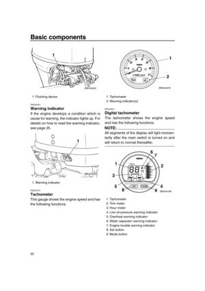 Page 28 
Basic components 
22 
EMU26302 
Warning indicator 
If the engine develops a condition which is
cause for warning, the indicator lights up. For
details on how to read the warning indicator,
see page 25. 
EMU26470 
Tachometer 
This gauge shows the engine speed and has
the following functions. 
EMU26491 
Digital tachometer 
The tachometer shows the engine speed
and has the following functions.
NOTE:
 
All segments of the display will light momen-
tarily after the main switch is turned on and 
will return...