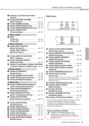 Page 1111PSR-E353  Uživatelská příručka
Ovládací prvky a terminály na panelu
qPřepínač [ ] (Pohotovostní režim / 
zapnout)...................................................str. 13
wOvladač [MASTER VOLUME] 
(Hlavní hlasitost).....................................str. 13
eTlačítko [DEMO] (Ukázka)......................str. 28
rTlačítko [FUNCTION] (Funkce)..............str. 40
tTlačítko [METRONOME] (Metronom)....str. 16
yTlačítko [TEMPO/TAP] 
(Tempo/vyklepat)....................................str. 24
uPART...