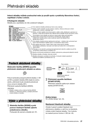 Page 27PSR-E353  Uživatelská příručka27
Přehrávání skladeb
Interní skladby můžete poslouchat nebo je použít spolu s prakticky libovolnou funkcí, 
například s funkcí cvičení.
Kategorie skladebSkladby jsou uspořádány do níže uvedených kategorií. 
Stisknutím tlačítka [DEMO] spustíte 
přehrávání ukázkových skladeb za sebou.
Pokud necháváte postupně přehrát skladby č. 001 
až 003 a poslední skladba (003) dojde ke svému 
závěru, přehrávání bude nerušeně pokračovat 
znovu od první skladby (001).
Přehrávání zastavíte...