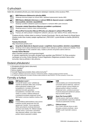 Page 55PSR-E353  Uživatelská příručka
O příručkách
Vedle této uživatelské příručky jsou také dostupné následující materiály online (soubory PDF).
MIDI Reference (Referenční příručka MIDI)
Obsahuje informace týkající se rozhraní MIDI, například Implementační tabulku MIDI.
MIDI Basics (Základní informace o rozhraní MIDI) (k dispozici pouze v angličtině, 
francouzštině, němčině a španělštině)
Obsahuje vysvětlení základních pojmů souvisejících s rozhraním MIDI a jeho funkcemi.
Computer-related Operations (Operace...