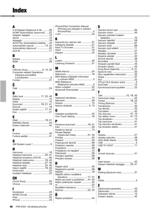 Page 46PSR-E353  Uživatelská příručka46
Index
AA–B Repeat (Opakovat A–B) .........29ACMP (Automatický doprovod) .....22Adaptér napájení ......................... 12Akord .........................................15Arpeggio .....................................19AUTO FILL (Automatická mezihra) .... 24Automatické vypnutí .............. 14, 42Automatický doprovod .................22AUX IN ........................................11
BBaterie ........................................12BGM...
