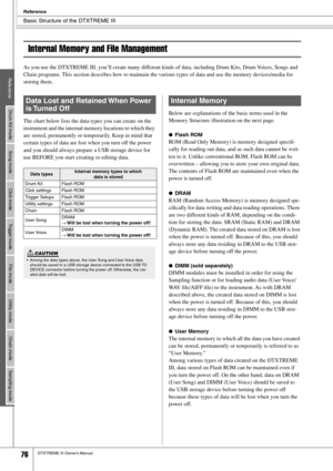 Page 76Basic Structure of the DTXTREME III
Reference
76DTXTREME III Owner’s Manual
ReferenceDrum Kit mode Song mode Click mode Trigger mode File mode Utility mode Chain mode Sampling mode
Internal Memory and File Management
As you use the DTXTREME III, you’ll create many different kinds of data, including Drum Kits, Drum Voices, Songs and 
Chain programs. This section describes how to maintain the various types of data and use the memory devices/media for 
storing them. 
The chart below lists the data types you...