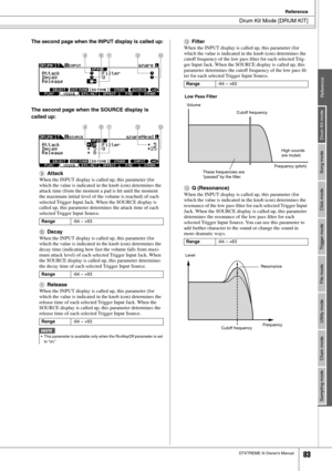 Page 83Drum Kit Mode [DRUM KIT]
Reference
DTXTREME III Owner’s Manual83
Drum Kit mode
Reference Song mode Click mode Trigger mode File mode Utility mode Chain mode Sampling mode
The second page when the INPUT display is called up:
The second page when the SOURCE display is 
called up: 
IAttack
When the INPUT display is called up, this parameter (for 
which the value is indicated in the knob icon) determines the 
attack time (from the moment a pad is hit until the moment 
the maximum initial level of the volume...