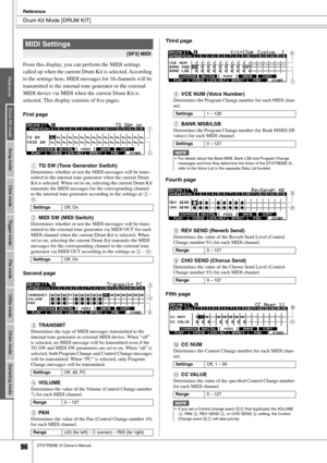 Page 96Drum Kit Mode [DRUM KIT]
Reference
96DTXTREME III Owner’s Manual
From this display, you can perform the MIDI settings 
called up when the current Drum Kit is selected. According 
to the settings here, MIDI messages for 16 channels will be 
transmitted to the internal tone generator or the external 
MIDI device via MIDI when the current Drum Kit is 
selected. This display consists of ﬁve pages. 
First page
1TG SW (Tone Generator Switch)
Determines whether or not the MIDI messages will be trans-
mitted to...