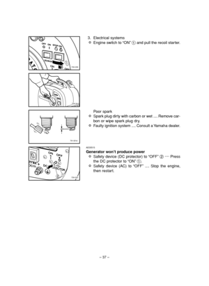 Page 42– 37–
AE00515
Generator won’t produce power
2Safety device (DC protector) to “OFF”2···· Press
the DC protector to “ON”1.
2Safety device (AC) to “OFF”.... Stop the engine,
then restart.
1
27DK-052
7DK-041
791-001d
3. Electrical systems
2Engine switch to “ON”1and pull the recoil starter.
Poor spark
2Spark plug dirty with carbon or wet .... Remove car-
bon or wipe spark plug dry.
2Faulty ignition system .... Consult a Yamaha dealer.
17DK-039
 7DK-9-11_a  11.3.21 15:19  Page 37 