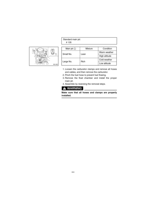 Page 618-9
CD-04E
1. Loosen the carburetor clamps and remove all hoses
and cables, and then remove the carburetor. 
2. Pinch the fuel hose to prevent fuel flowing. 
3. Remove the float chamber and install the proper
main jet. 
4. Assemble by reversing the removal steps.
WARNING@ 
Make sure that all hoses and clamps are properly
installed. 
@ 
Standard main jet: 
# 135
Main jet 
1Mixture Condition
Small No. LeanWarm weather
High altitude
Large No. RichCold weather
Low altitude
U8FA11.book  Page 9  Thursday,...