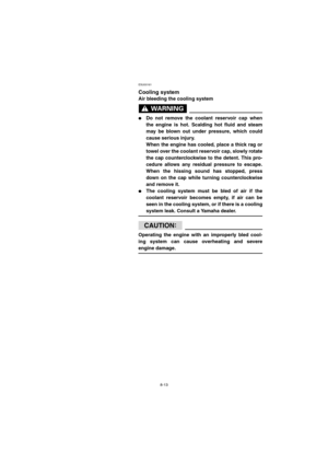 Page 658-13
ESU00161 
Cooling system
Air bleeding the cooling system
WARNING@ 
Do not remove the coolant reservoir cap when
the engine is hot. Scalding hot fluid and steam
may be blown out under pressure, which could
cause serious injury. 
When the engine has cooled, place a thick rag or
towel over the coolant reservoir cap, slowly rotate
the cap counterclockwise to the detent. This pro-
cedure allows any residual pressure to escape.
When the hissing sound has stopped, press
down on the cap while turning...