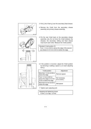 Page 688-16
3. Pull 
3 the V-belt up over the secondary fixed sheave.
4. Remove the V-belt from the secondary sheave
assembly and primary sheave assembly. 
5. Put the new V-belt back on the secondary sheave
assembly only. Do not force the V-belt between the
sheaves; the secondary sliding and fixed sheave
must touch each other. Measure the V-belt position.
6. If the position is incorrect, adjust the V-belt position
by removing or adding a spacer 
4 on each adjusting
bolt 
5.
CD-06E
7. Tighten each adjusting...