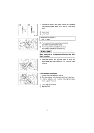 Page 708-18
3. Remove the dipstick and check that the oil is between
the upper and lower levels. If not, add oil to the upper
level.
2Upper level 
3Lower level
ÈFor models without reverse transmissions 
(RX10/RX10S/RX10M/RX10MS)
ÉFor models with reverse transmissions 
(RX10R/RX10RS/RXW10/RXW10S)
CAUTION:@ 
Make sure that no foreign material enters the drive
chain housing. 
@
4. Install the dipstick and align the notch 
4 of the dip-
stick handle with the projection 
5 of the drive chain
housing.
Chain tension...