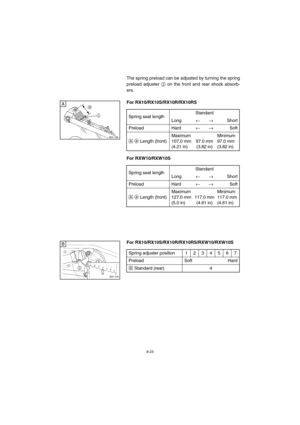 Page 758-23
The spring preload can be adjusted by turning the spring
preload adjuster 
3 on the front and rear shock absorb-
ers.
For RX10/RX10S/RX10R/RX10RS
CD-17E
For RXW10/RXW10SCD-17E
For RX10/RX10S/RX10R/RX10RS/RXW10/RXW10SCD-14E
A
Spring seat lengthStandard
Long
←→Short
Preload Hard
←→Soft
È 
a Length (front)Maximum
107.0 mm
(4.21 in)97.0 mm
(3.82 in)Minimum
97.0 mm
(3.82 in)
Spring seat lengthStandard
Long
←→Short
Preload Hard
←→Soft
È 
a Length (front)Maximum
127.0 mm
(5.0 in)117.0 mm
(4.61 in)Minimum...