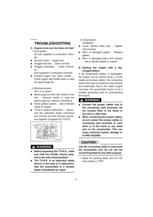 Page 889-1
ESU00358
9-TROUBLESHOOTING
A. Engine turns over but does not start
1. Fuel system
No fuel supplied to combustion cham-
ber 
No fuel in tank ... Supply fuel.
Clogged fuel line ... Clean fuel line.
Clogged carburetor ... Clean carbure-
tor. 
Fuel supplied to combustion chamber
Flooded engine (too much choke) ...
Crank engine with throttle open or wipe
the spark plugs dry.
2. Electrical system 
Poor or no spark
Spark plugs are dirty with carbon or are
wet ... Remove carbon or wipe the
spark plugs...