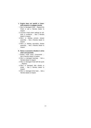 Page 919-4
J. Engine does not upshift or down-
shift properly or engages harshly 
1. Worn or damaged V-belt ... Replace the
V-belt or ask a Yamaha dealer to
inspect. 
2. Incorrect V-belt clutch settings for alti-
tude or conditions ... Ask a Yamaha
dealer to inspect. 
3. Worn or sticking primary sheave
assembly ... Ask a Yamaha dealer to
inspect. 
4. Worn or sticking secondary sheave
assembly ... Ask a Yamaha dealer to
inspect.
K. Noise or excessive vibration in drive
chain and sprockets 
1. Broken V-belt...