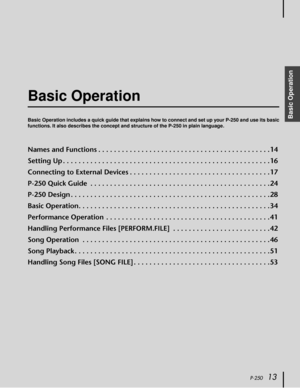 Page 13 
P-250 
13 
Basic Operation
 
Basic Operation 
Basic Operation includes a quick guide that explains how to connect and set up your P-250 and use its basic
functions. It also describes the concept and structure of the P-250 in plain language. 
Names and Functions . . . . . . . . . . . . . . . . . . . . . . . . . . . . . . . . . . . . . . . . . . . .14
Setting Up . . . . . . . . . . . . . . . . . . . . . . . . . . . . . . . . . . . . . . . . . . . . . . . . . . . . .16
Connecting to External Devices . . ....