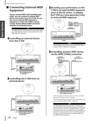 Page 18Connecting to External Devices
18   P-250
Basic Operation
■Connecting External MIDI 
Equipment
Using a standard MIDI cable (available sepa-
rately), you can connect an external MIDI 
device, and control it from the P-250. You can 
also use an external MIDI keyboard or 
sequencer to control the P-250’s internal 
sounds. Several different MIDI connection 
examples are illustrated below:
Controlling an external device 
from the P-250
Controlling the P-250 from an 
external device
Recording your performance...