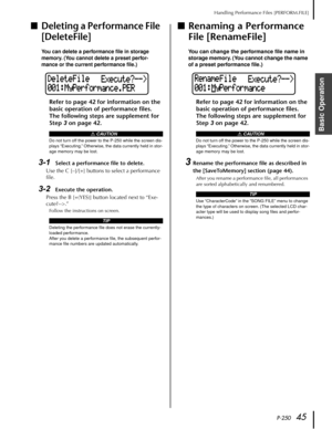Page 45 
P-250 
45  Handling Performance Files [PERFORM.FILE] 
Basic Operation
 
■
 
Deleting a Performance File 
[DeleteFile]
 
You can delete a performance ﬁle in storage 
memory. (You cannot delete a preset perfor-
mance or the current performance ﬁle.)
  Refer to page 42 for information on the 
basic operation of performance ﬁles. 
The following steps are supplement for 
Step  
3 
 on page
  42.
 
3-1 
Select a performance ﬁle to delete. 
Use the C [–]/[+] buttons to select a performance 
ﬁle. 
3-2 
Execute...