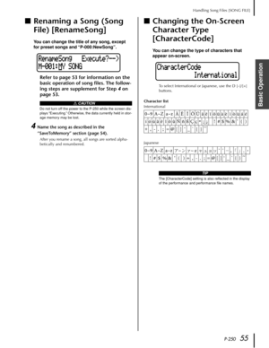 Page 55 
P-250 
55 Handling Song Files [SONG FILE] Basic Operation  ■
  Renaming a Song (Song 
File) [RenameSong]  You can change the title of any song, except 
for preset songs and “P-000:NewSong”.   Refer to page 53 for information on the 
basic operation of song ﬁles. The follow-
ing steps are supplement for Step 
  4
   on 
page
  53.
 
4 
Name the song as described in the 
“SaveToMemory” section (page 54).
 
After you rename a song, all songs are sorted alpha-
betically and renumbered. ■
 Changing the...