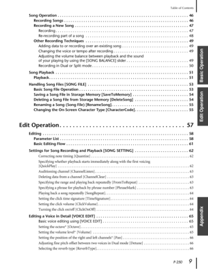 Page 9 
P-250 
9 
Table of Contents 
Basic Operation
Edit Operation
Appendix
 
Song Operation . . . . . . . . . . . . . . . . . . . . . . . . . . . . . . . . . . . . . . . . . . . . . . . . . . . . . . . . . . . . .  46
Recording Songs . . . . . . . . . . . . . . . . . . . . . . . . . . . . . . . . . . . . . . . . . . . . . . . . . . . . . . . . . .  46
Recording a New Song  . . . . . . . . . . . . . . . . . . . . . . . . . . . . . . . . . . . . . . . . . . . . . . . . . . . . . 47  
Recording . . . . . . . ....