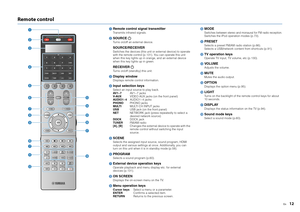 Page 12En
12
Remote control
1Remote control signal transmitterTransmits infrared signals.2SOURCE Turns on/off an external device.SOURCE/RECEIVERSwitches the devices (this unit or  external device) to operate 
with the remote control (p.131). You can operate this unit 
when this key lights up in orange, and an external device 
when this key lights up in green.RECEIVER Turns on/off (standby) this unit.3 Display windowDisplays remote control information.4Input selection keysSelect an input source to play back.
AV...