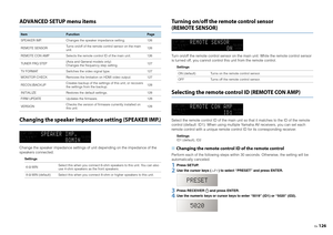 Page 126En126
ADVANCED SETUP menu itemsChanging the speaker impedance setting (SPEAKER IMP.)Change the speaker impedance settings of unit depending on the impedance of the 
speakers connected.
Settings
Turning on/off the remote control sensor (REMOTE SENSOR)Turn on/off the remote control sensor on the main unit. While the remote control sensor 
is turned off, you cannot control this unit from the remote control.
Settings
Selecting the remote cont rol ID (REMOTE CON AMP)Select the remote control ID of the main...