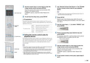 Page 130En130
5
Use the numeric keys or cursor keys to enter the 
4-digit remote control and press ENTER.Once the remote control code is set successfully, “OK” 
appears in the display window.
If “ERROR” appears, registration failed. Repeat from 
step 3.
6
To exit from the setup menu, press SETUP.
❑ TV operationsOnce you have set the remote control code for your TV, you can 
control it using the TV operation keys regardless of an input source 
selected on this unit.■ Setting the remote control codes for 
playback...