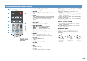 Page 136En136
1Remote control signal transmitterTransmits infrared signals.2NET/USBPress repeatedly to select a desired network source or 
“USB”.3SCENESelects the assigned input source, sound program, HDMI 
output and various settings  at once. Additionally, you can 
turn on this unit when it is in standby mode (p.58).4 INPUTSelects an input source.5ON SCREENDisplays the on-screen menu on the TV.6Menu operation keysCursor keys Select a menu or a parameter.
ENTER Confirms a selected item.
RETURN Returns to the...