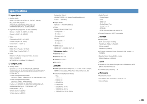 Page 154En154
❑ 
Input jacks
 Analog Audio
Audio x 10 (AV1~4, AUDIO1~4, PHONO, V-AUX)
MULTI CH INPUT (8ch) x 1
(FRONT L/R, CENTER, SURROUND L/R, 
SURROUND BACK L/R, SUBWOOFER)
 Digital Audio (Support fs: 32 kHz to 96 kHz) Optical x 4 (AV3~4, AUDIO1, V-AUX)
Coaxial x 3 (AV1~2, AUDIO2)
 Composite x 5 (AV1~4, V-AUX)
S-video x 5 (AV1~4, V-AUX)
Component x 4 (AV1~4)
 HDMI Input HDMI (Front Panel) x 1 (V-AUX)
HDMI (Rear Panel) x 7 (AV1~7)
 DOCK x 1 (Audio, Composite Video, S-video)
USB x 1 (USB2.0)
NETWORK x 1...