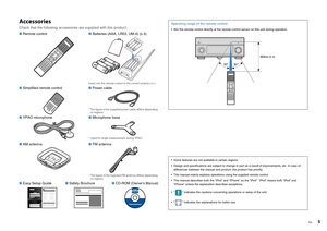 Page 5En
5
AccessoriesCheck that the following accessories are supplied with this product.
■  Remote control ■ Batteries (AAA, LR03, UM-4) (x 4)
Insert into the remote control  in the correct polarity (+/-)
■ Simplified remote control ■ Power cable
* The figure of the supplied  power cable differs depending 
on regions.
■  YPAO microphone ■ Microphone base
* Used for angle measurement during YPAO.
■ AM antenna ■ FM antenna
* The figure of th e supplied FM antenn a differs depending 
on regions.
■  Easy Setup...