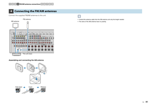 Page 41En
41
Connect the supplied FM/AM antennas to this unit.
Assembling and connecting the AM antenna
 Unwind the antenna cable from the AM antenna unit only the length needed.
 The wires of the AM antenna have no polarity.
4
Connecting the FM/AM antennas
SPEAKER IM
FM75ΩANTENNAAM(4 RADIO)
AV  1(1 BD/DVD)COAXIAL1DOCK
YP
BPR
YP
BPR
YP
BPR
OPTICAL
AV OUTAV  O U T /ZONE 4
RL
HDMI OUTARC1
112
2 HDMI(1 BD/DVD)
MONITOR OUT/
ZONE OUT
MONITOR OUT/ZONE OUT
IN OUT
2IN OU
T
AV  1
AV  1 AV  3
AV 2 AV 3 AV 4 AV 5 AV 6 AV...