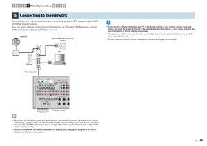 Page 42En
42
Connect this unit to your router with a commercially-available STP network cable (CAT-5 
or higher straight cable).
You can enjoy Internet radio or music files  stored on PCs and DLNA servers such as 
Network Attached Storage (NAS) on this unit. When using a router that supports the DHCP function, the network parameters (IP address, etc.) will be  automatically assigned to this unit without configuring the network settings of this unit. If your router does 
not support the DHCP function or you want...
