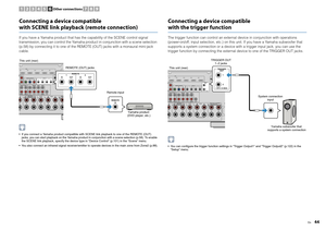 Page 44En
44
Connecting a device compatible with SCENE link playback (remote connection)If you have a Yamaha product that has the capability of the SCENE control signal 
transmission, you can control the Yamaha product in conjunction with a scene selection 
(p.58) by connecting it to one of the REMOTE (OUT) jacks with a monaural mini-jack 
cable. If you connect a Yamaha product compatible with SCENE link playback to one of the REMOTE (OUT)  jacks, you can start playback on the Yamaha product in conjunction with...