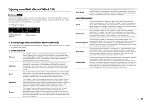 Page 61En
61
Enjoying sound field effects (CINEMA DSP)This unit is equipped with a variety of sound programs that utilize Yamahas original 
DSP technology (CINEMA DSP). It allows you to  easily create sound fields like actual 
movie theaters or concert halls in your room.■  Sound programs suitable for movies (MOVIE)The following sound programs are optimized  for viewing video sources such as movies, 
TV programs and games.❑  MOVIE THEATER ❑ 
ENTERTAINMENTStandard This program creates a sound field emphasizing...