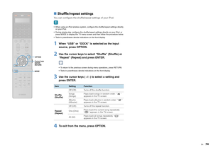 Page 74En
74
■ Shuffle/repeat settingsYou can configure the shuffle/repeat settings of your iPod. When using an iPod wireless system, configure the shuffle/repeat settings directly 
on your iPod.
 During simple play, configure the shuffle/repeat settings directly on your iPod, or  press MODE to display the TV menu screen and then follow the procedure below.
 Texts in parentheses denote indications on the front display.1
When “USB” or “DOCK” is selected as the input 
source, press OPTION.
2
Use the cursor keys...