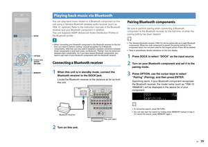 Page 75En
75
You can play back music stored on a Bluetooth component on this 
unit using a Yamaha Bluetooth wireless audio receiver (such as 
YBA-10, optional). Refer to the instruction manuals of the Bluetooth 
receiver and your Bluetooth component in addition.
This unit supports A2DP (Advanced Audio Distribution Profile) of 
the Bluetooth profile. When connecting your Bluetooth component to the Bluetooth receiver for the first  time, you need to perform “pairing” (mutual recognition for 2 Bluetooth...