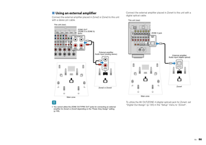 Page 86En
86
■ Using an external amplifierConnect the external amplifier placed  in Zone2 or Zone3 to this unit 
with a stereo pin cable. You cannot utilize the ZONE OUT/PRE OUT jacks for connecting an external  amplifier for Zone2 or Zone3 depending on the “Power Amp Assign” setting 
(p.109).
Connect the external amplifier placed in Zone4 to this unit with a 
digital optical cable.
To utilize the AV OUT/ZONE 4 (dig ital optical) jack for Zone4, set 
“Digital Out Assign” (p.120) in the “Setup” menu to “Zone4”....