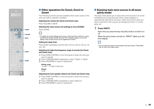 Page 90En
90
■ Other operations for Zone2, Zone3 or 
Zone4The following functions are also available when audio output to the 
zone you want to operate is enabled.
Adjusting the volume (for Zone2 and Zone3 only)
Press VOLUME or MUTE.
Selecting the input source and settings at once (SCENE)
Press SCENE. To register the current settings (input source, volume and tone control) to a scene, 
hold down the desired SCENE key until “SET Complete” appears on the front 
display. (Only an input source can be registered for...