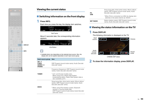 Page 94En
94
Viewing the current status■ Switching information  on the front display1
Press INFO.Each time you press the key, the display item switches.
About 3 seconds later, the corresponding information 
appears. Available items vary depending on the selected input source. Also, the 
display item can be applied separately to each input source group.
■  Viewing the status information on the TV1
Press DISPLAY.The following information is displayed on the TV.
2
To close the information display, press DISPLAY....