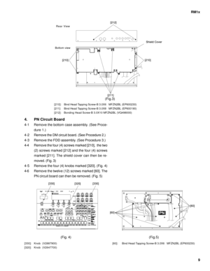 Page 9RM1x
9
[210]:Bind Head Tapping Screw-B 3.0X6   MFZN2BL (EP600230)
[211]: Bind Head Tapping Screw-B 3.0X8   MFZN2BL (EP600190)
[212]: Bonding Head Screw-B 3.0X10 MFZN2BL (VQ498000)
4. PN Circuit Board
4-1 Remove the bottom case assembly. (See Proce-
dure 1.)
4-2 Remove the DM circuit board. (See Procedure 2.)
4-3 Remove the FDD assembly. (See Procedure 3.)
4-4 Remove the four (4) screws marked [210],  the two
(2) screws marked [212] and the four (4) screws
marked [211]. The shield cover can then be re-...