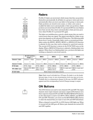 Page 33 
Faders 
25 
ProMix 01 User’s Guide 
Faders 
ProMix 01 faders are motorized, which means that they can position 
themselves automatically. So all faders in a group or stereo pair move 
automatically when you move any fader in that group or stereo pair. 
Fader positions are stored in mix scenes, so when a mix scene is 
recalled the faders move automatically to their new positions. Fader 
positions are stored when ProMix  01 is powered OFF. So even if faders 
have been moved, they return automatically to...