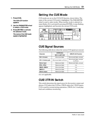 Page 59 
Setting the CUE Mode 
51 
ProMix 01 User’s Guide 
Setting the CUE Mode 
CUE modes are set on the CUE LCD function, shown below. The 
name of the current CUE mode is highlighted. The PARAMETER 
wheel is used to select modes. When another mode is selected, its 
name ﬂashes. If it is activated by pressing [ENTER], it stops ﬂashing, 
appears highlighted, and becomes the current CUE mode.  
CUE Signal Sources 
The following table shows where the various CUE signals are sourced.
n/a: not applicable. 
CUE/2TR...